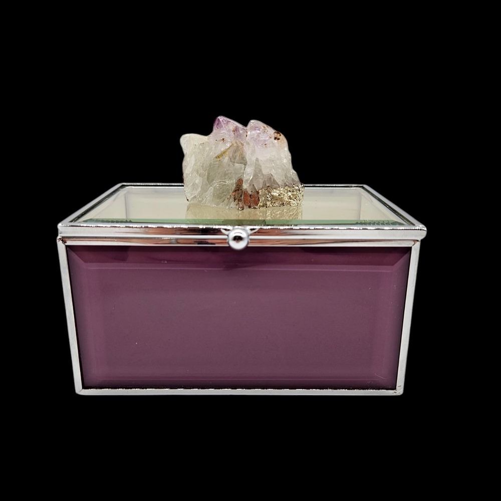 Purple Beveled Glass Trinket Keepsake Box Amethyst Stone Mirror Bottom Hinged